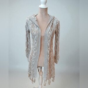 Maurices Cotton Open Cardigan Beige Hooded Cableknit  Fringe Sweater Medium Boho